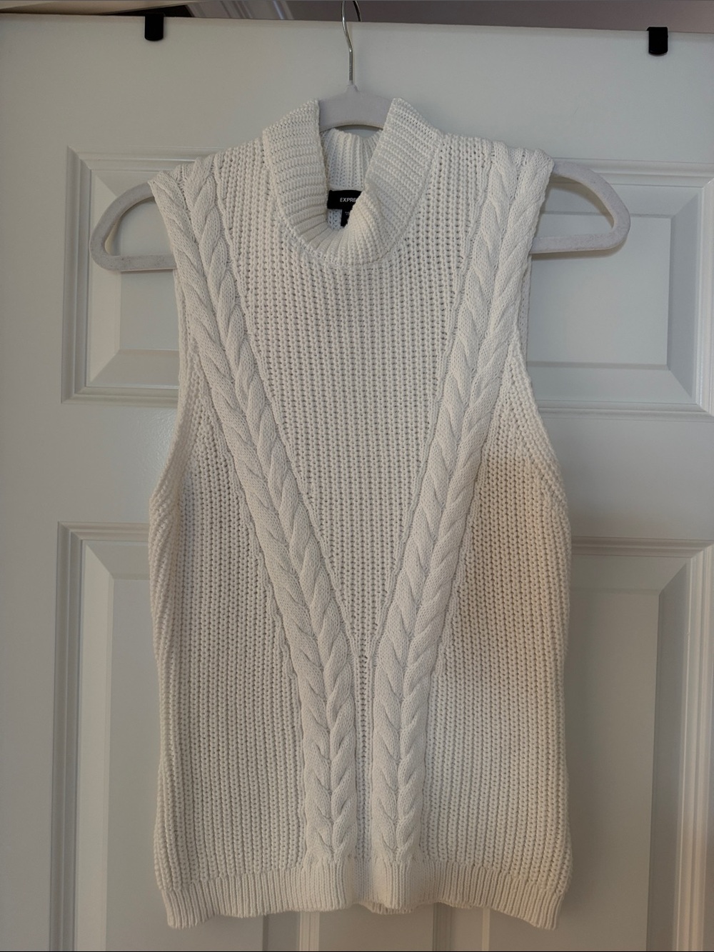 Express Sleeveless Cable Knit Mock Neck Sweater - White